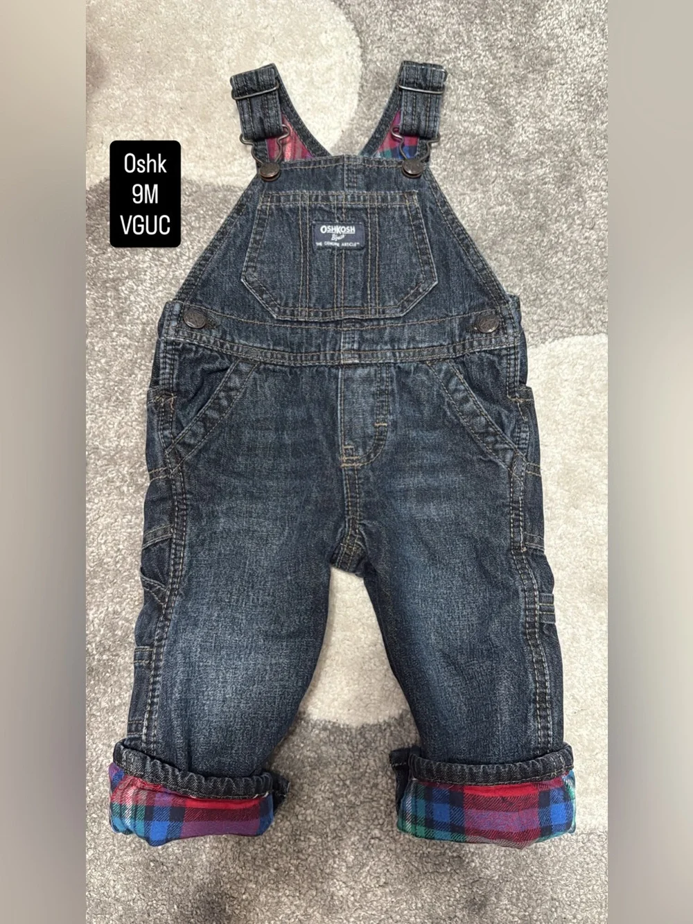 OshKosh B'gosh Dark Wash Denim Overalls with Plaid Cuffs